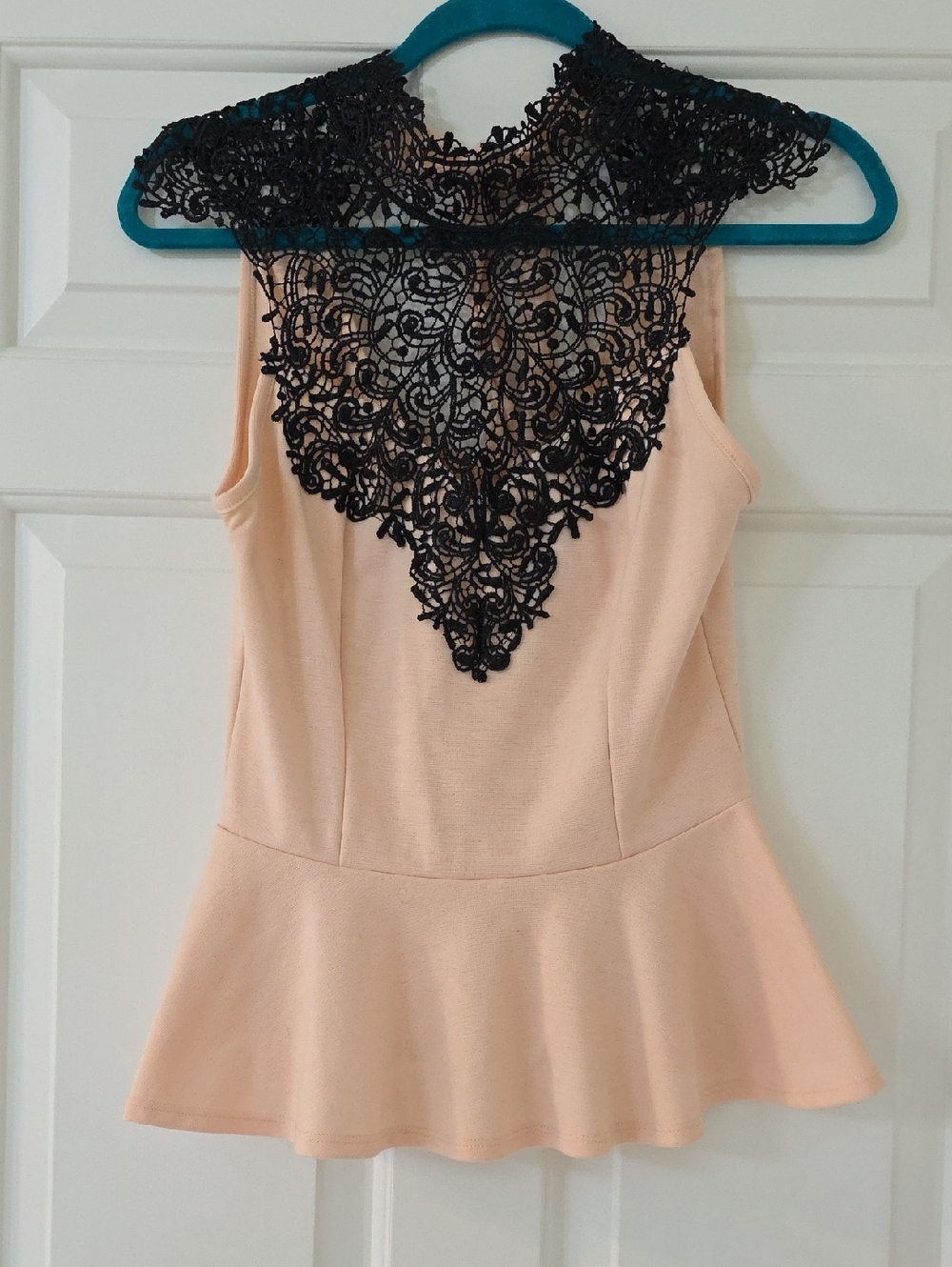 Sleeveless Pink Peplum Top with Black Lace Yoke